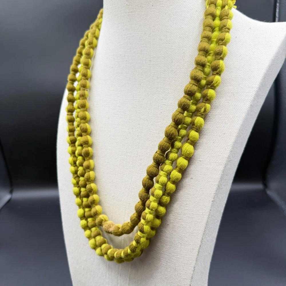 Green Ombre Tone Fabric Bead Necklace Multi Strand Knotted Statement Jewelry